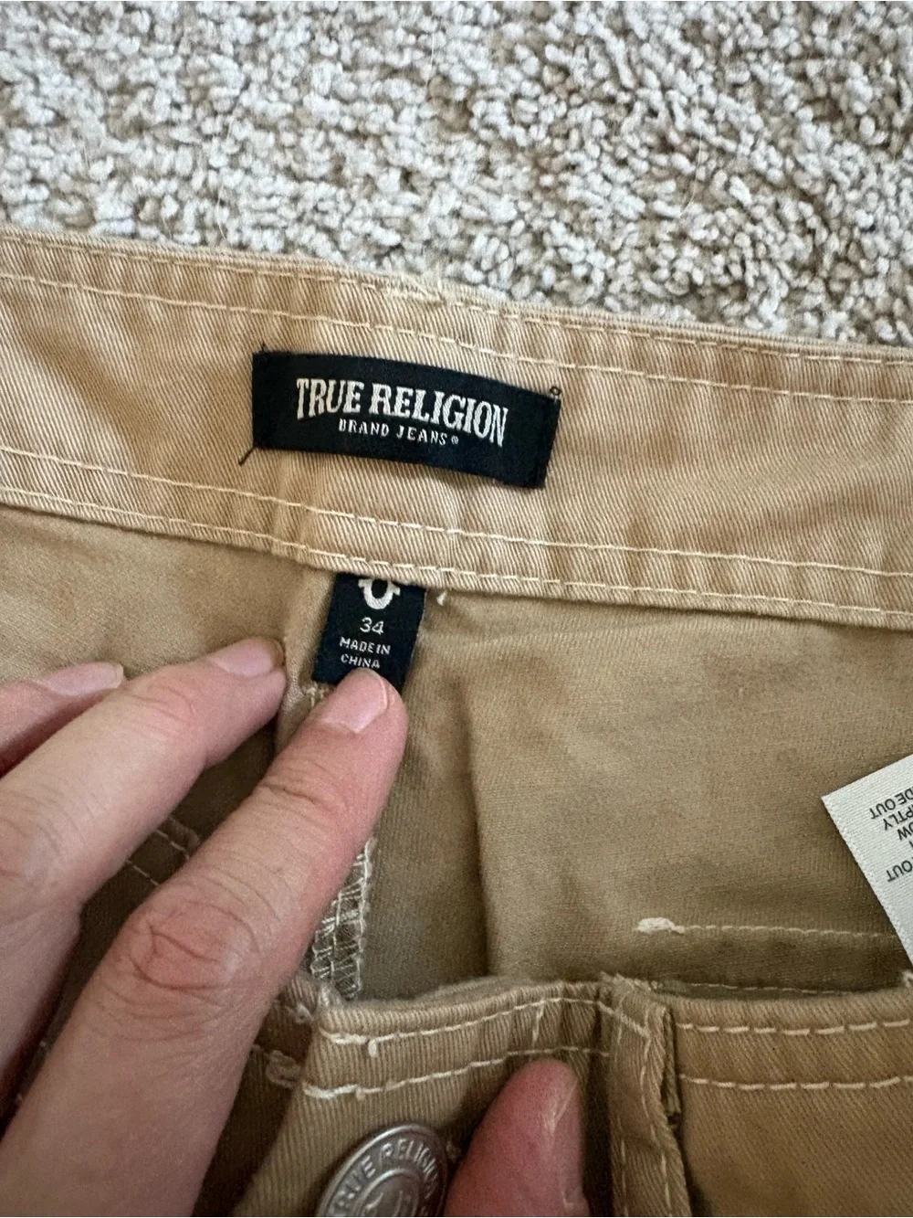 True Religion Men’s Beige Canvas Cargo Pants 34 Regular Straight Flat Front